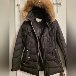 Michael Kors Black Puffer Jacket with Faux Fur Trim